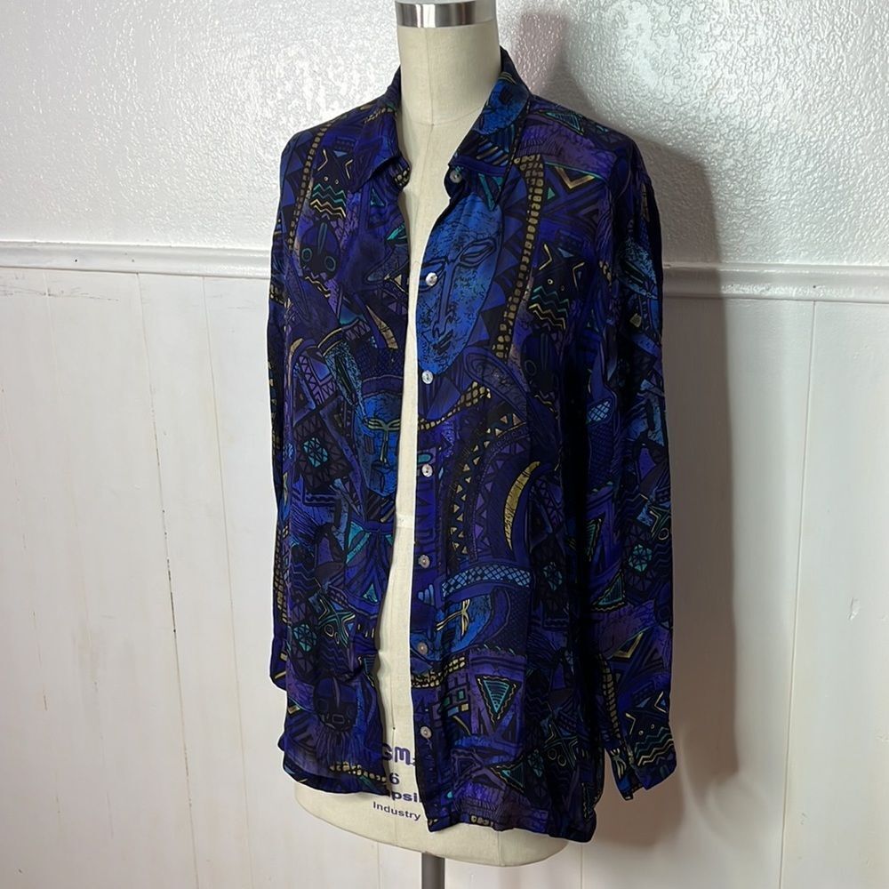 Vintage Y2K CHICOS ethnic print African mask silk summer swim coverup button